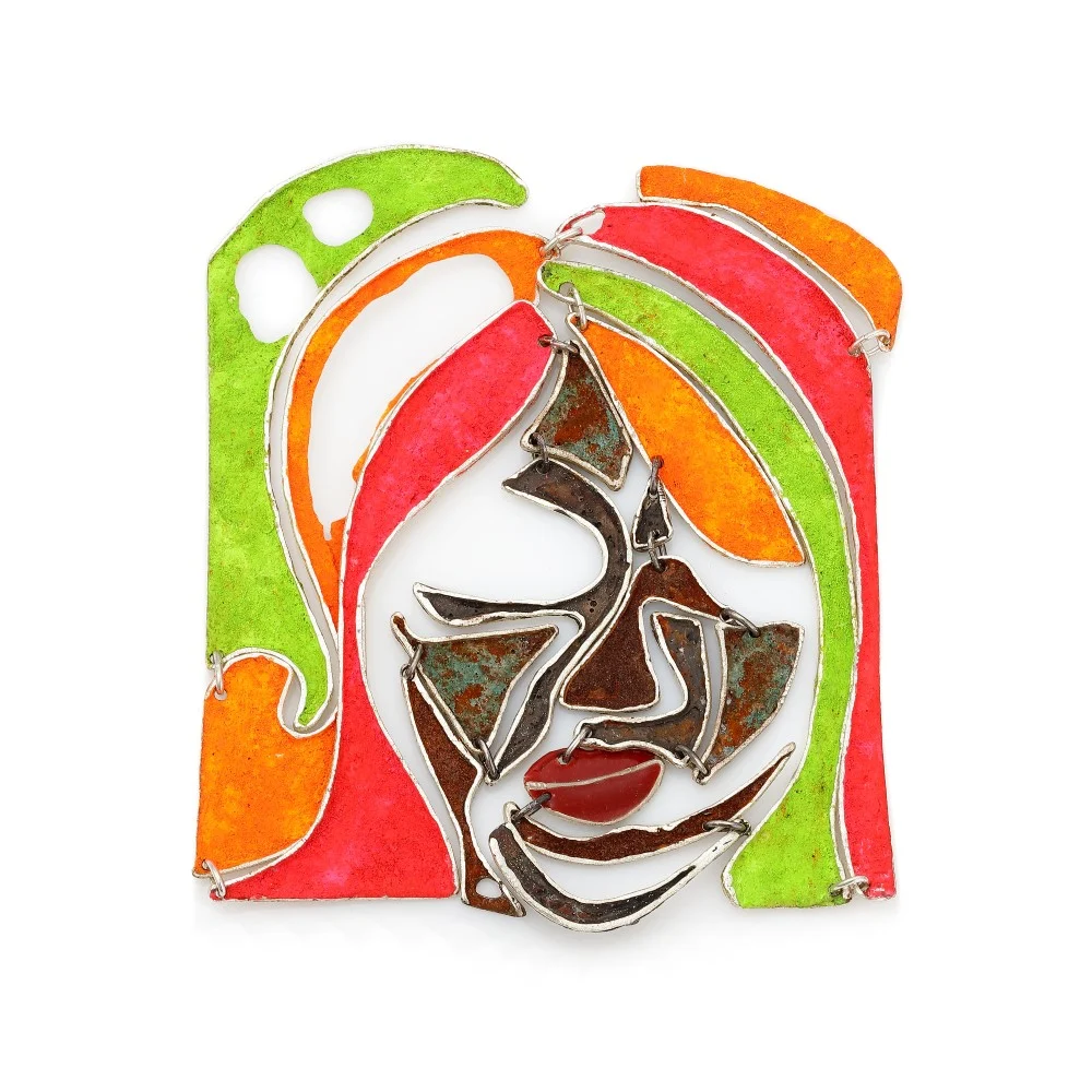 Kirsten plank – naszyjnik, kolczyki: twarz 2, kolaż, srebro, pigment, rdza, tkanina, szkło akrylowe, onyks, 2021