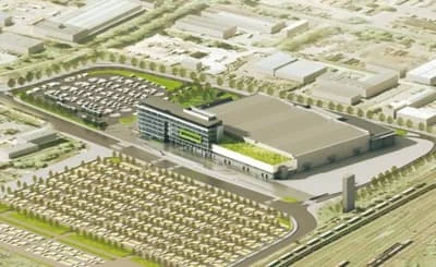Widok nowych terenów targowych z lotu ptaka od strony południowo-zachodniej. Z lewej części parking stadionu.