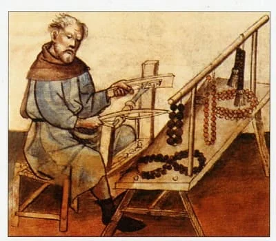 Rysunek barwny z XV w. Norymberga – praca na średniowiecznej tokarce smyczkowej